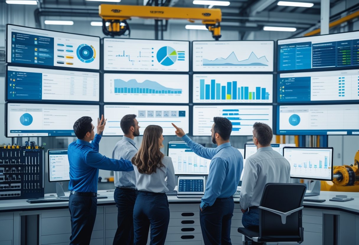 A group of engineers and technicians working together in a control room with digital screens showing maintenance data and charts.