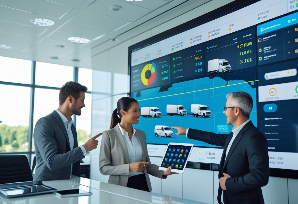 A team of professionals reviewing vehicle data on a tablet with a large digital dashboard showing fleet tracking and maintenance information in an office.