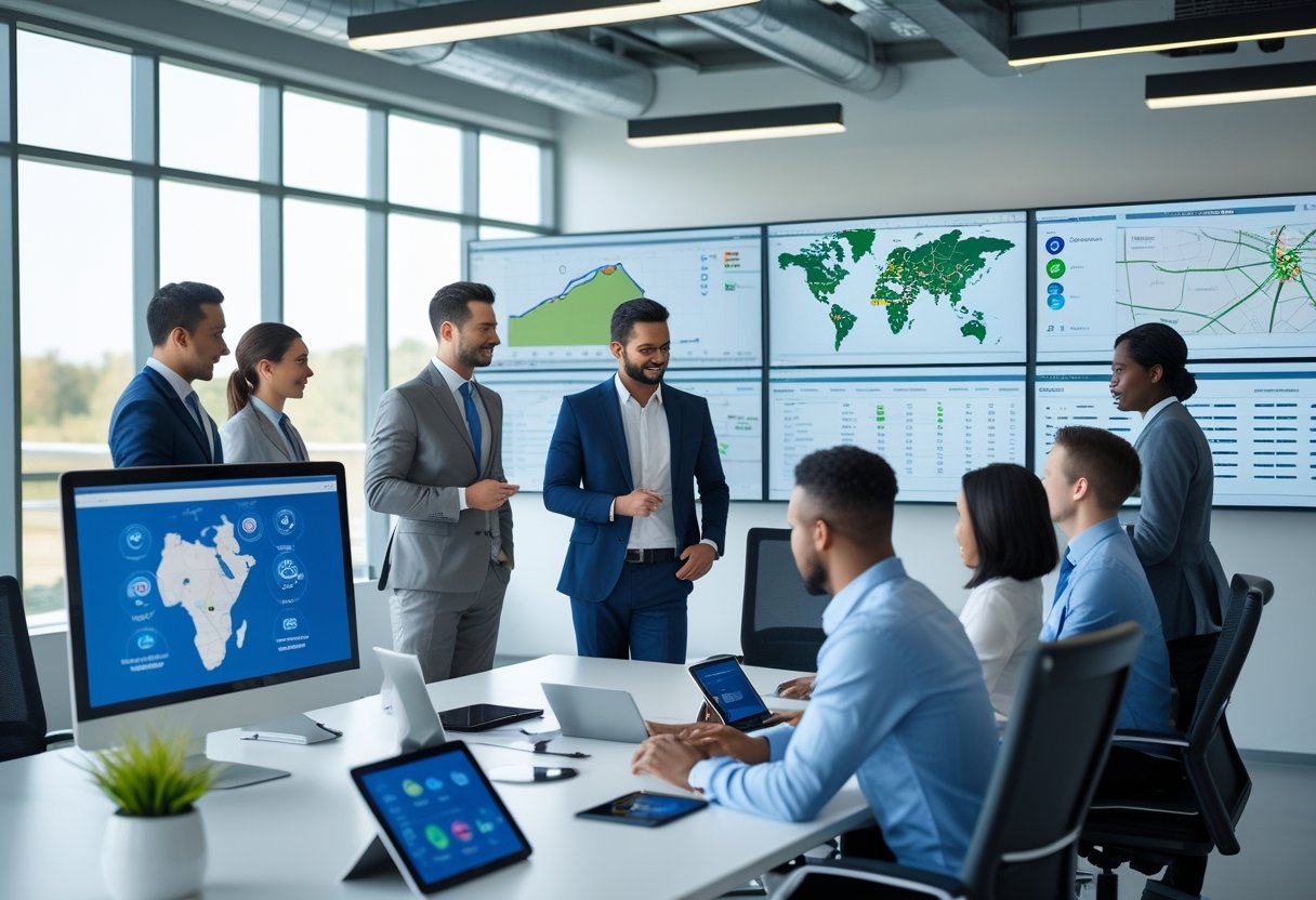 A team of professionals in an office working with digital maps and data screens to manage a fleet of vehicles.