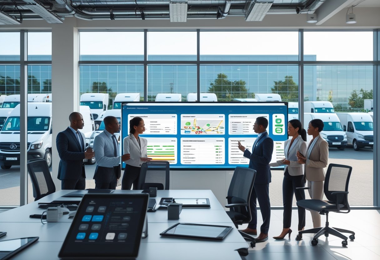 A group of professionals working together in an office with digital screens showing vehicle locations and data, with trucks visible outside the window.