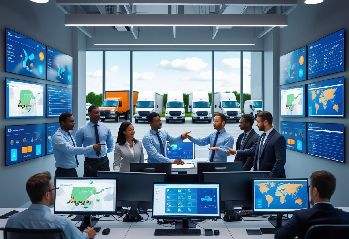 A group of professionals working in a control room with large screens showing vehicle locations and data, with a fleet of commercial vehicles visible outside the window.