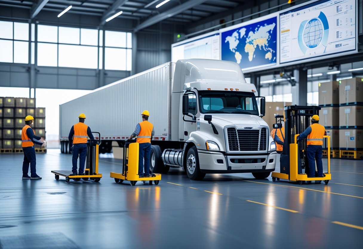 A large semi-truck at a busy logistics hub with workers loading cargo and a warehouse with shipping containers in the background.