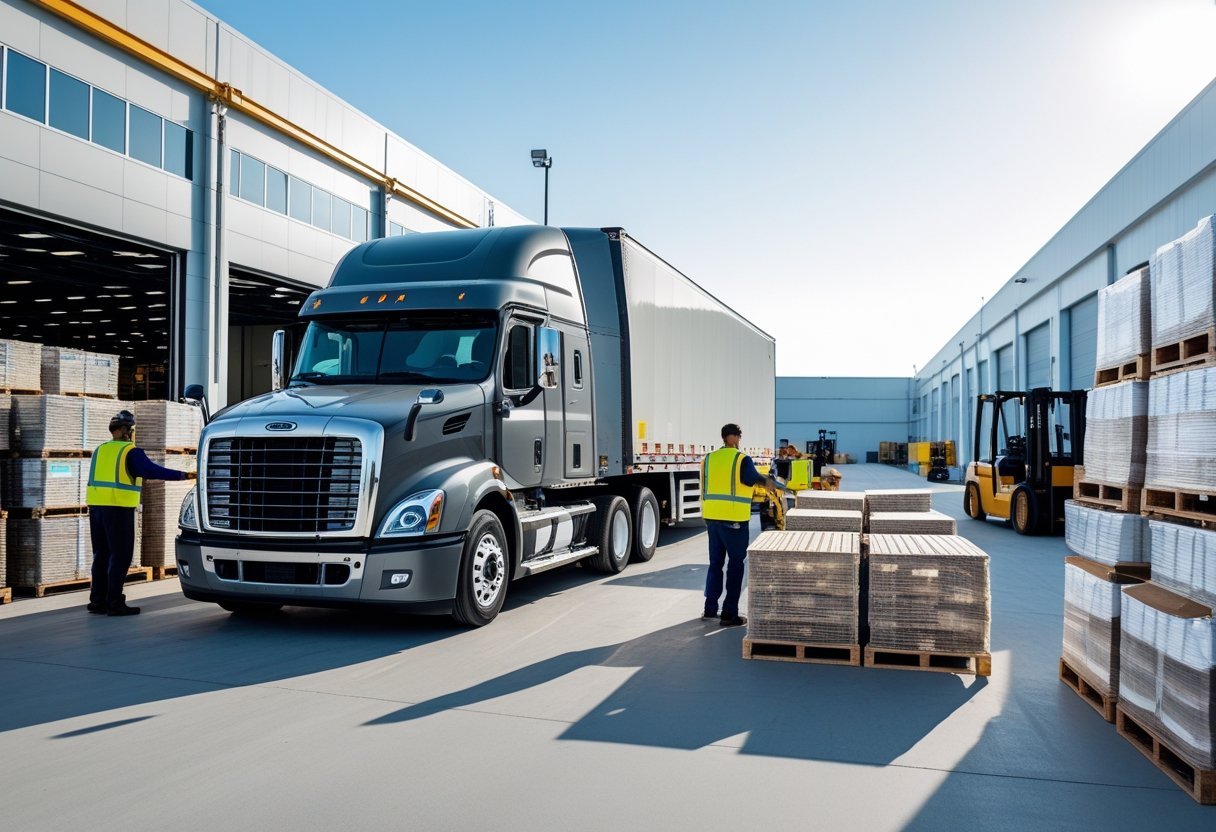 A large semi-truck at a busy logistics hub with workers loading and unloading cargo near warehouses and shipping containers.
