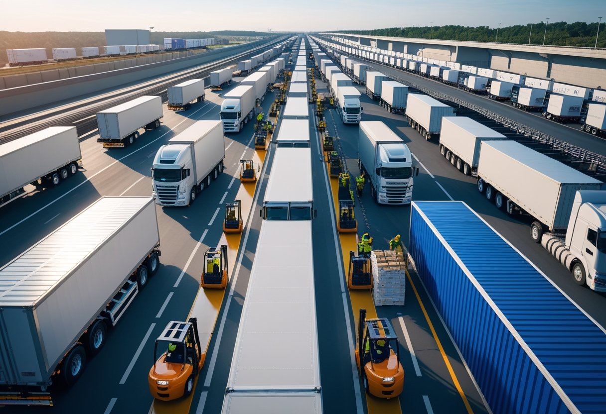 A logistics hub with semi-trucks being loaded near a warehouse and a highway with trucks in the background.