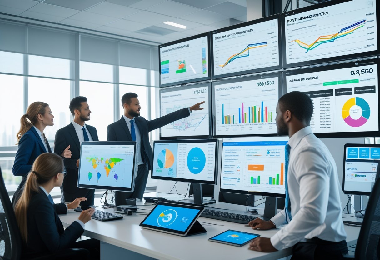 Business professionals reviewing fleet management data on multiple digital screens in a modern office.