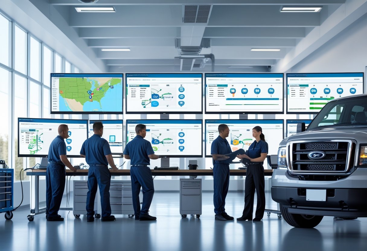 Fleet managers and a technician working with fleet tracking software and inspecting a vehicle in an office and garage setting.