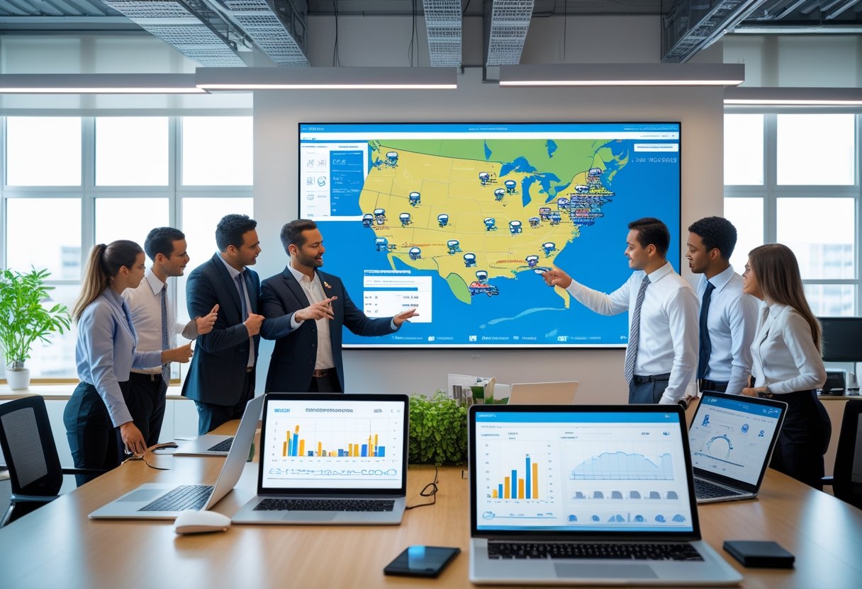 A group of professionals in an office analyzing a large digital map showing vehicle locations and routes on a touchscreen display.