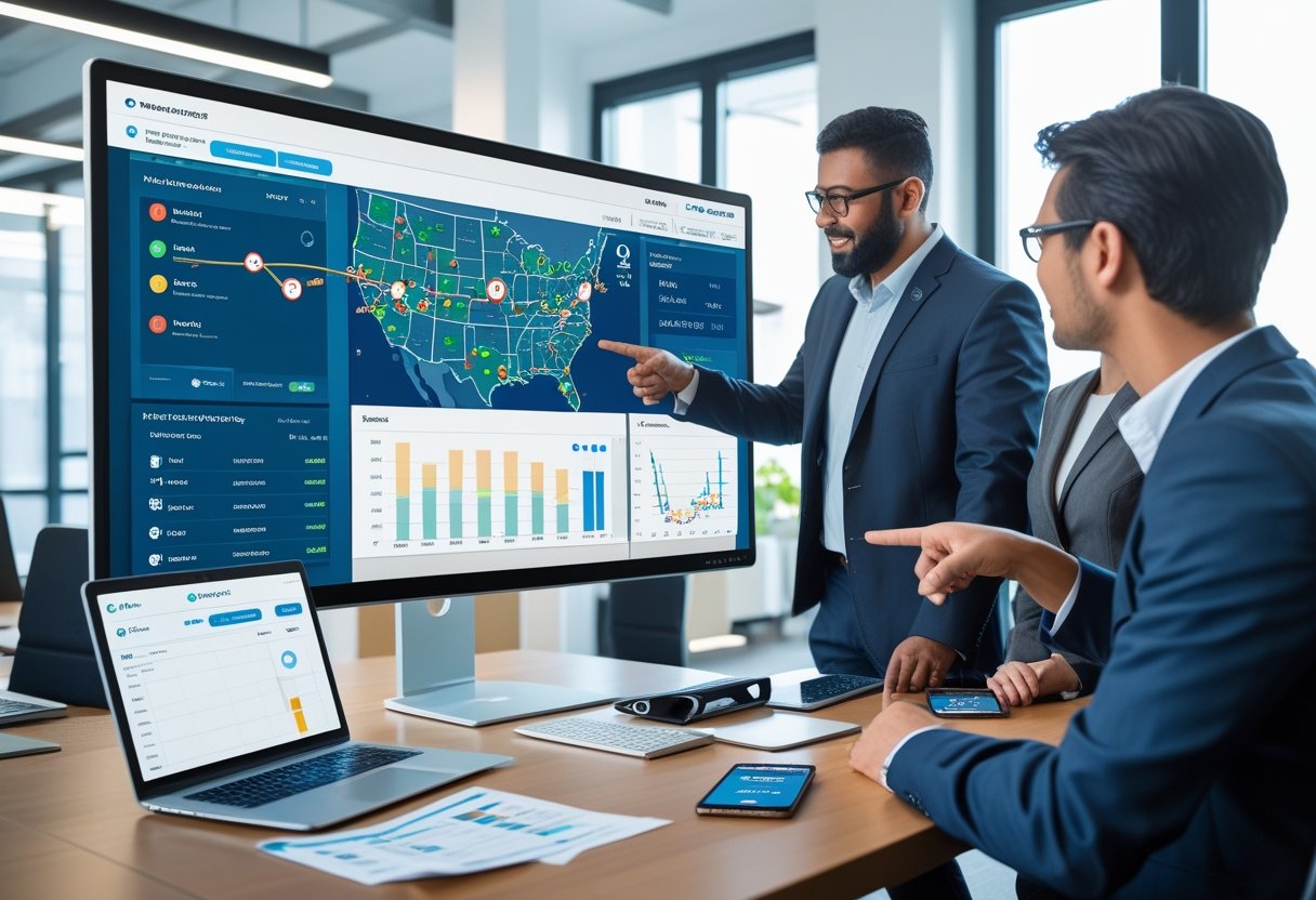 A team of professionals in an office looking at a large screen showing maps and vehicle tracking data.