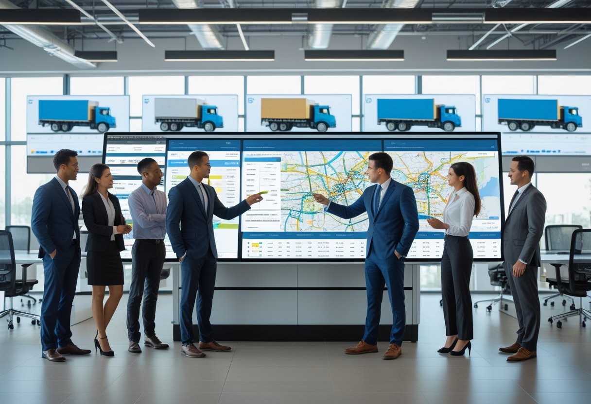 A group of business professionals collaborating around a digital touchscreen table showing vehicle routes and data in a bright office with large monitors displaying real-time fleet tracking.