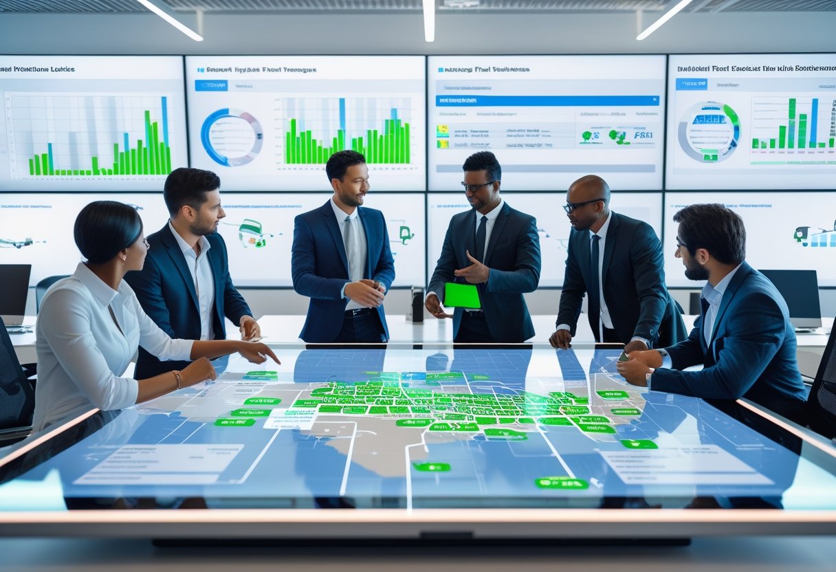 Business professionals collaborating around a digital touchscreen table displaying vehicle routes and data in a bright office with large monitors showing fleet tracking information.