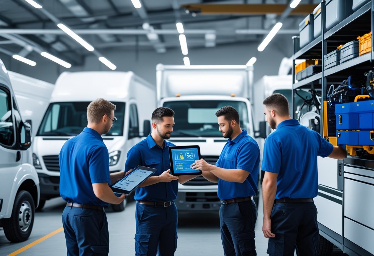 A team of fleet managers and mechanics working together in a vehicle workshop, using digital tools and inspecting trucks for maintenance.