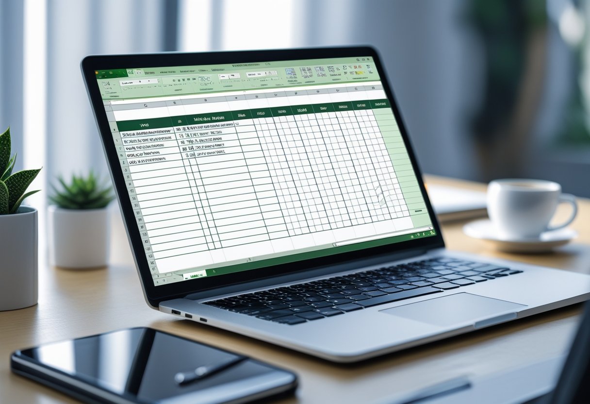 A laptop on an office desk showing an Excel spreadsheet with a mileage log template, surrounded by a smartphone, notebook, pen, and coffee cup.