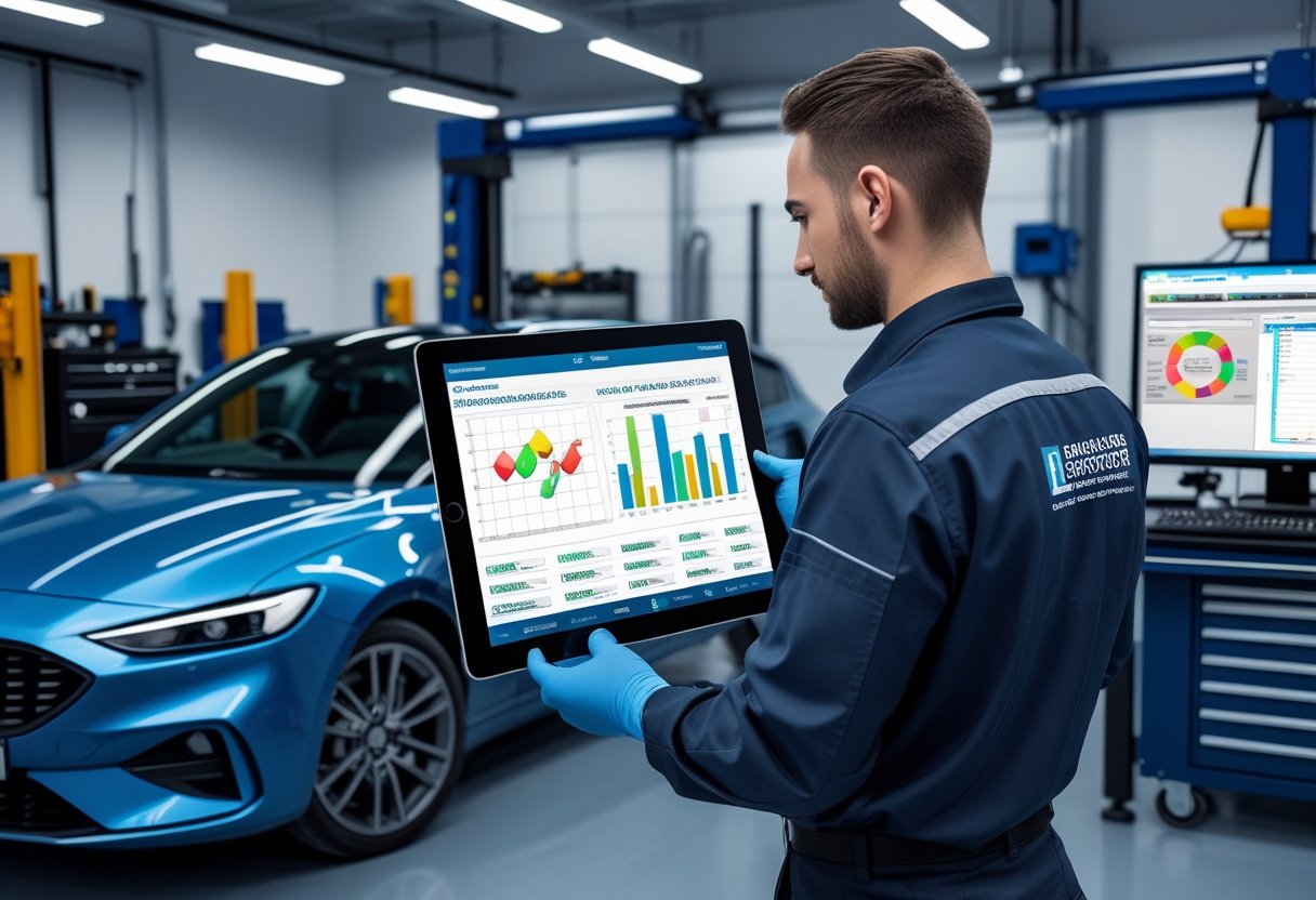 A technician holding a tablet with vehicle inspection data next to a car in an automotive workshop.