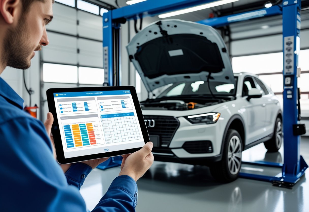 A vehicle inspector using a tablet with inspection software in a workshop where a car is lifted for inspection.