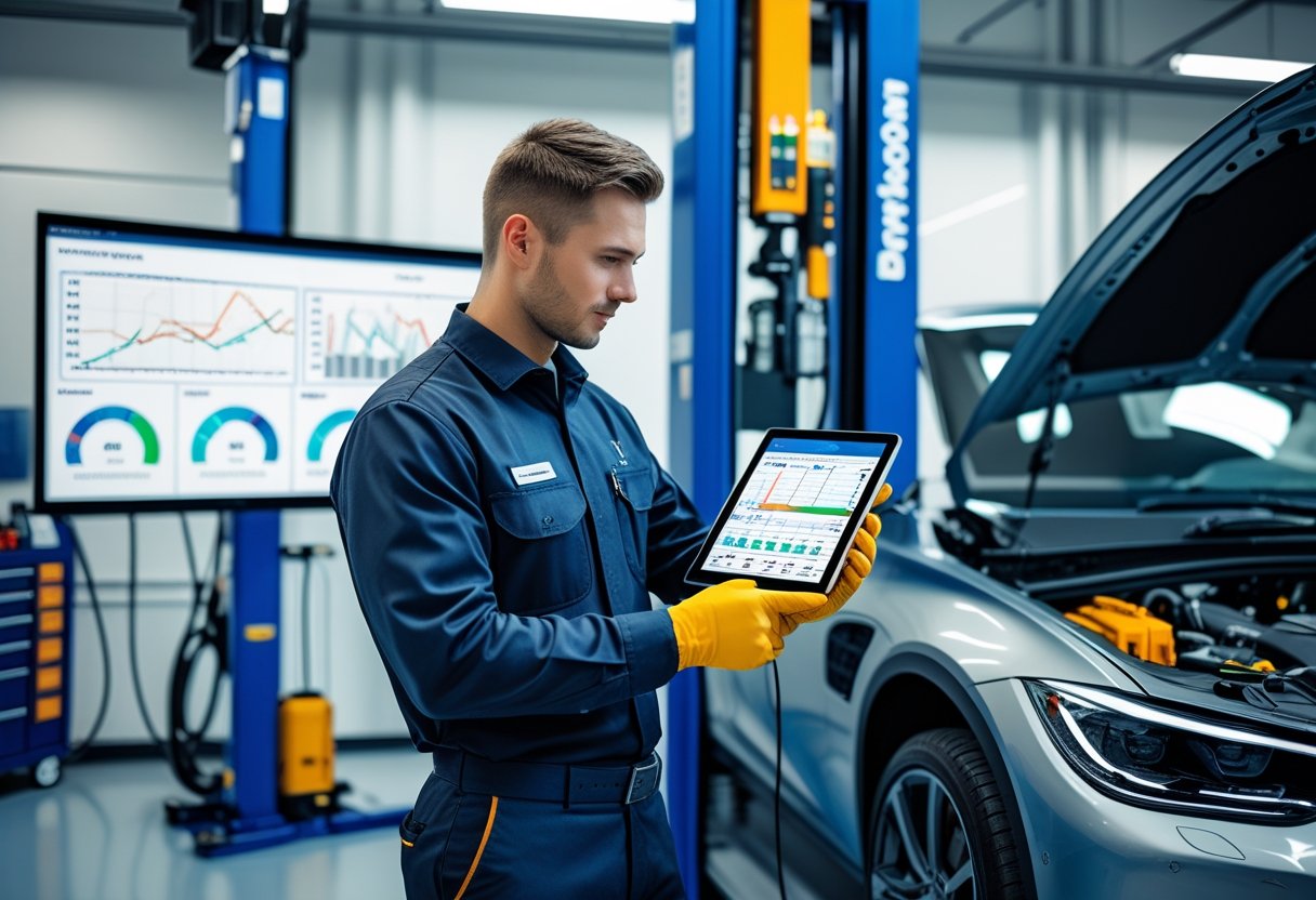 A technician in a workshop using a tablet to inspect a car positioned on a lift with diagnostic equipment nearby.