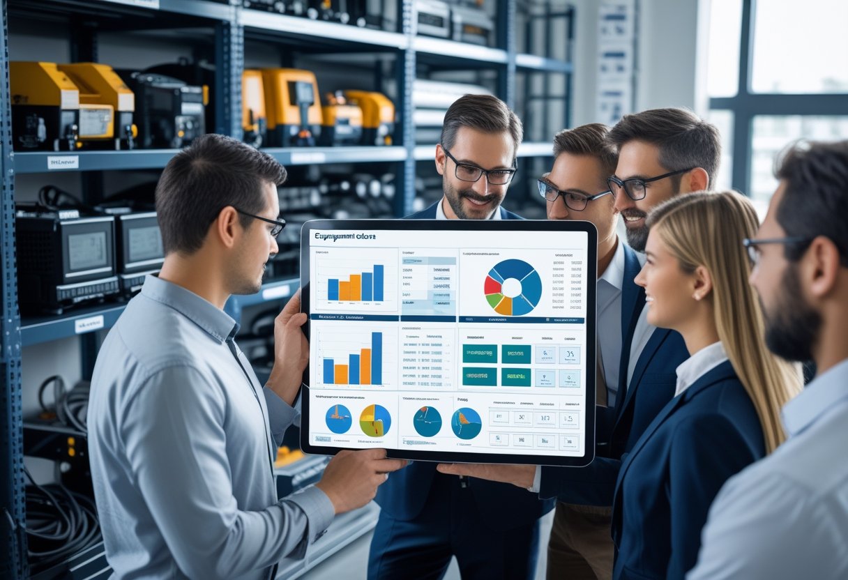 A group of professionals collaborating around a large digital touchscreen displaying equipment data in an organized industrial workspace.