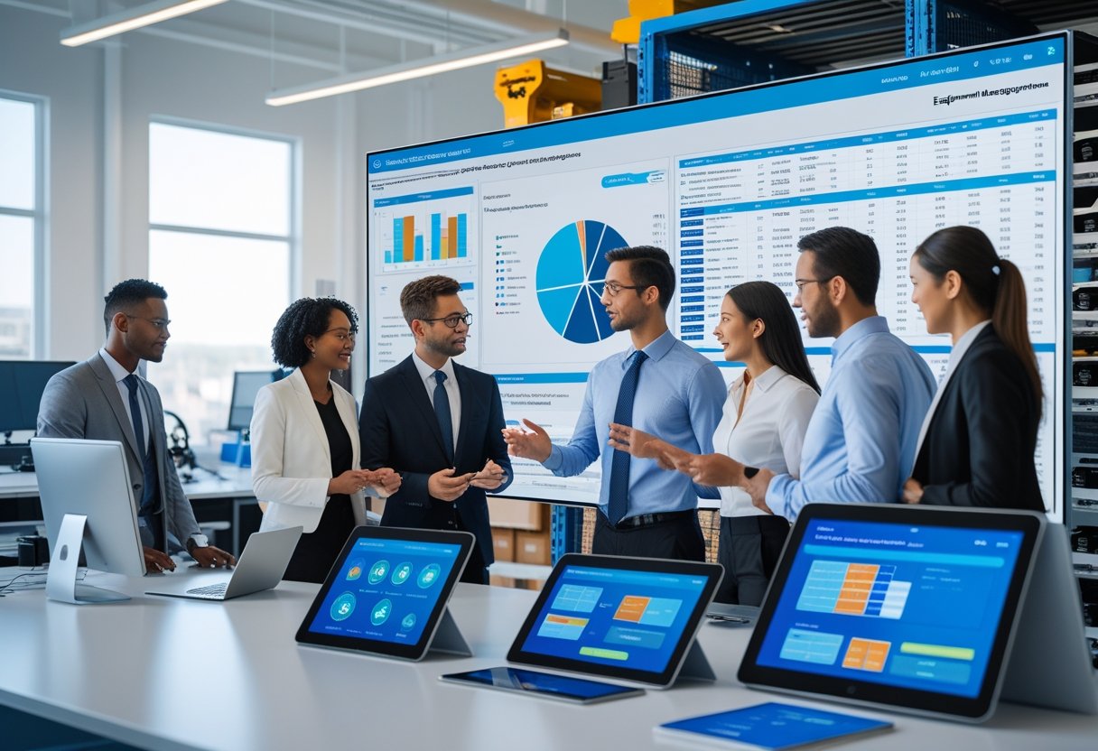 A team of professionals working together around a large digital touchscreen displaying equipment data in a bright office with organized industrial tools in the background.