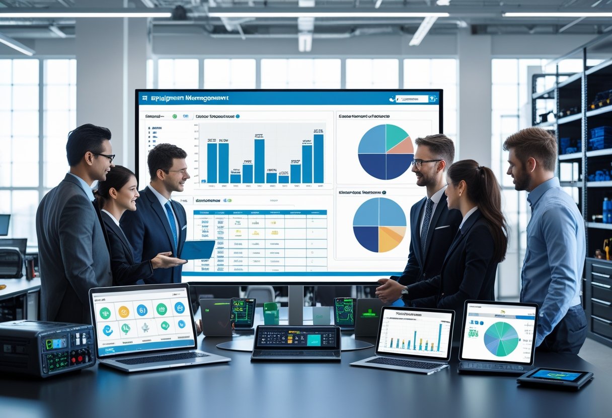 A group of professionals working together around a digital touchscreen displaying equipment inventory charts in a modern office.