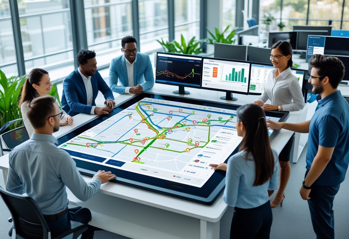 A team of professionals working together in an office around digital screens showing vehicle routes and delivery tracking information.