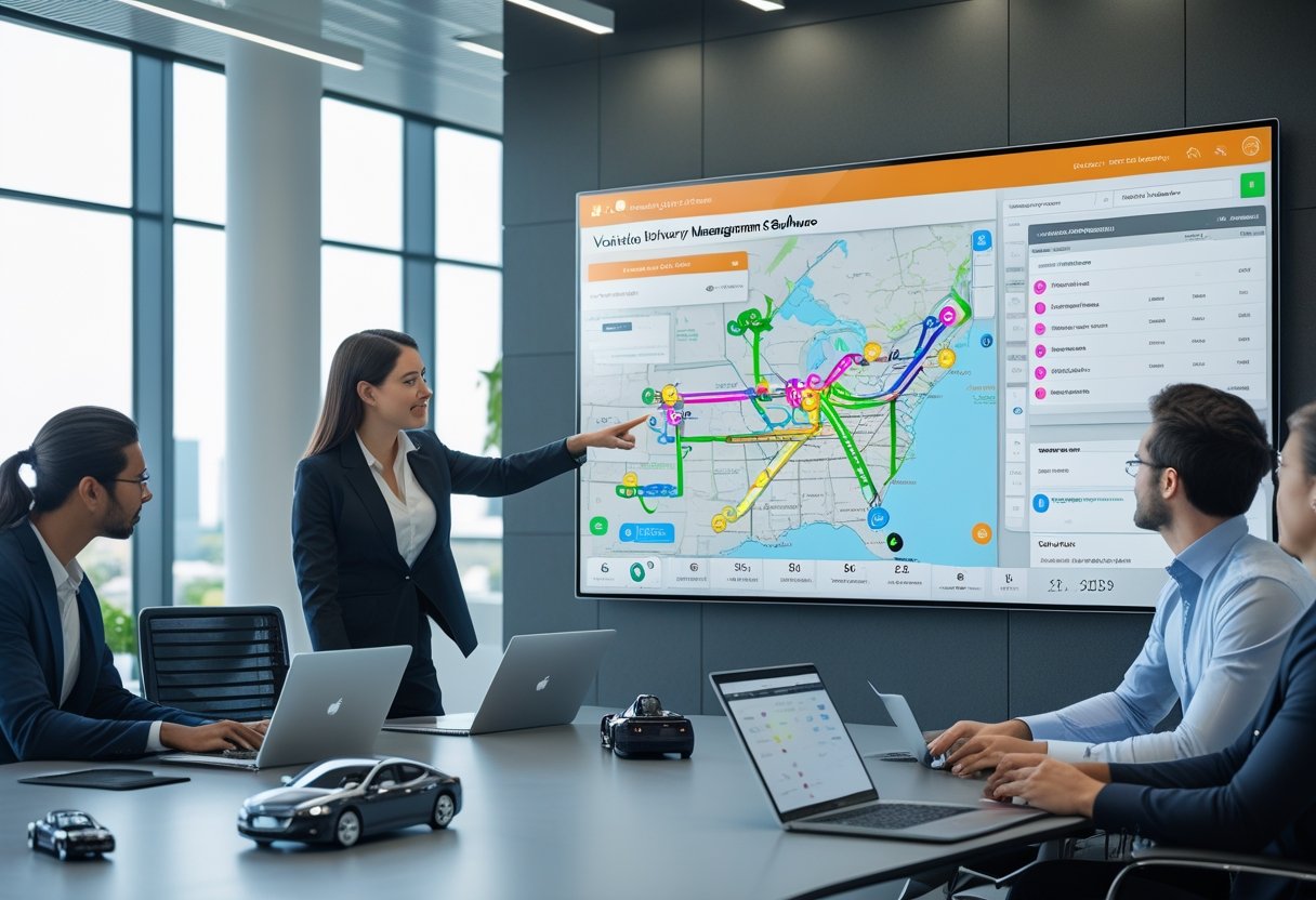 A group of professionals in an office collaborating around a large touchscreen displaying vehicle delivery routes and tracking information.