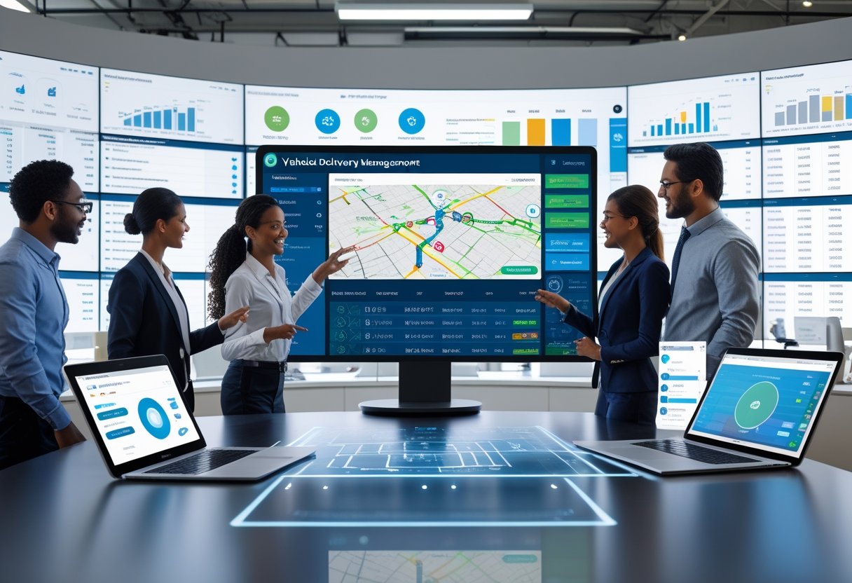 A group of professionals collaborating around a digital touchscreen table displaying vehicle delivery tracking and logistics data in a modern office.
