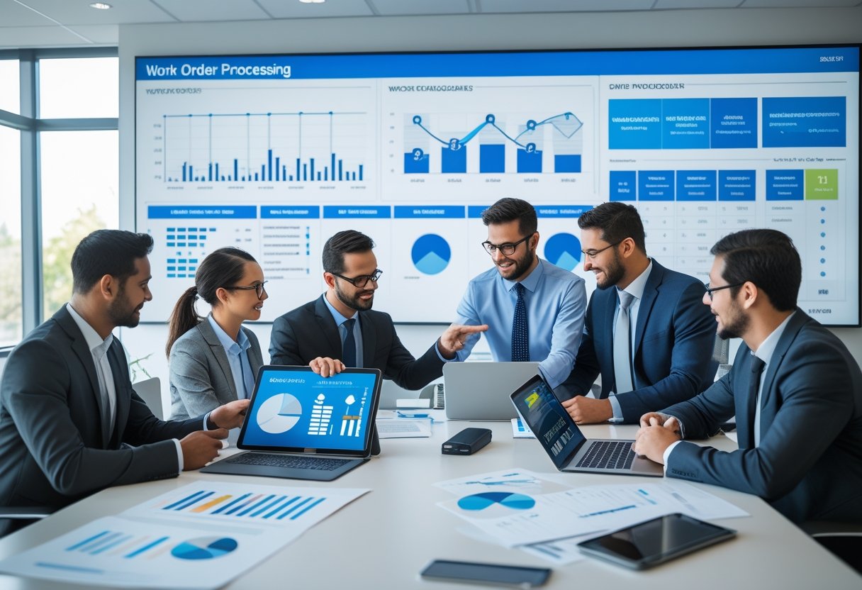 A group of professionals collaborating around a table with laptops and documents, discussing work order processing in a modern office.