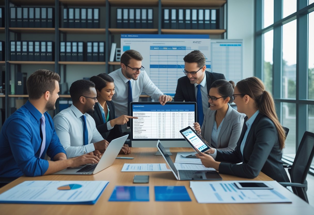 A group of business professionals collaborating around a desk with laptops and tablets, reviewing work order information in a modern office.