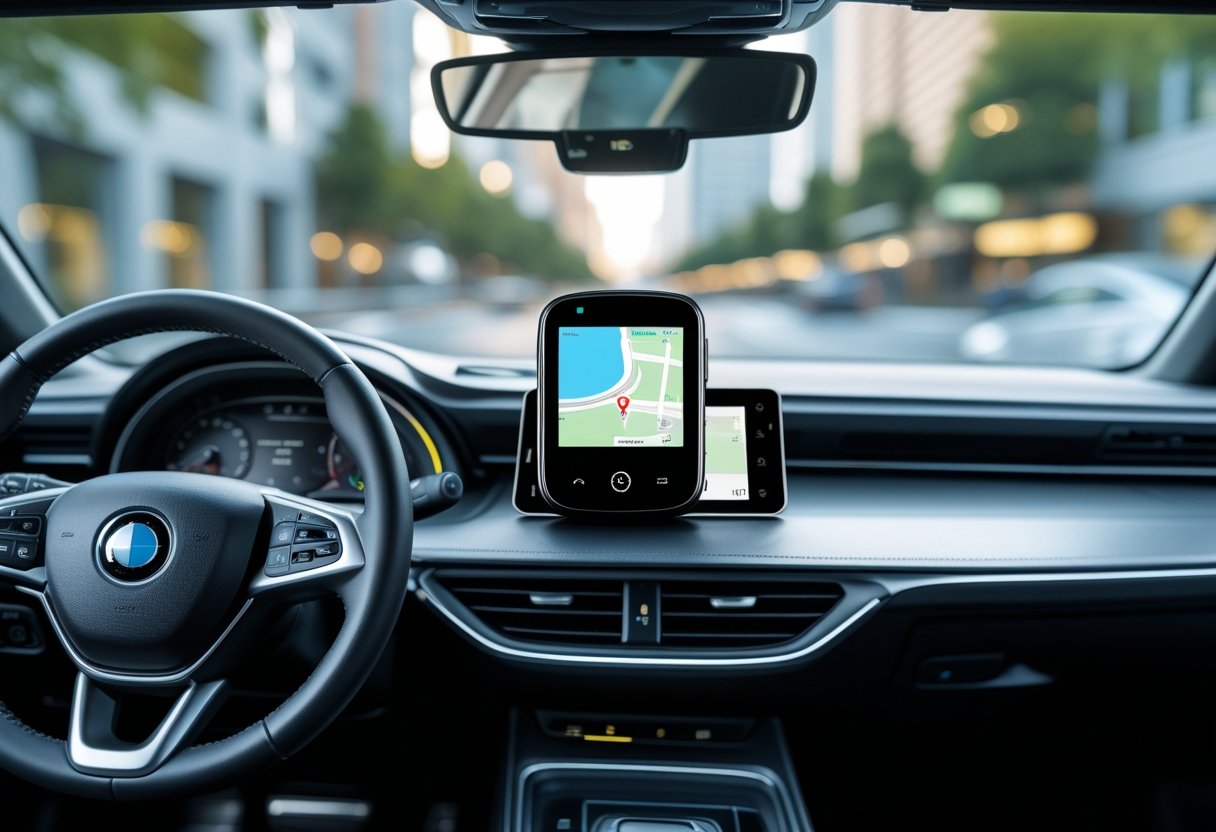 Car dashboard with a GPS tracker device showing a map, inside a vehicle driving through a city street.