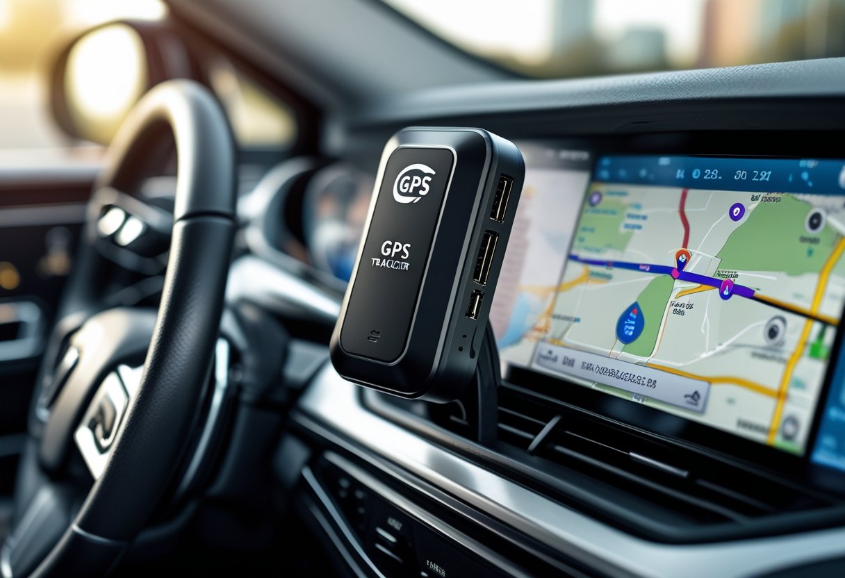 Close-up of a car dashboard showing a GPS tracker device and a navigation screen with a map, inside a clean vehicle interior.