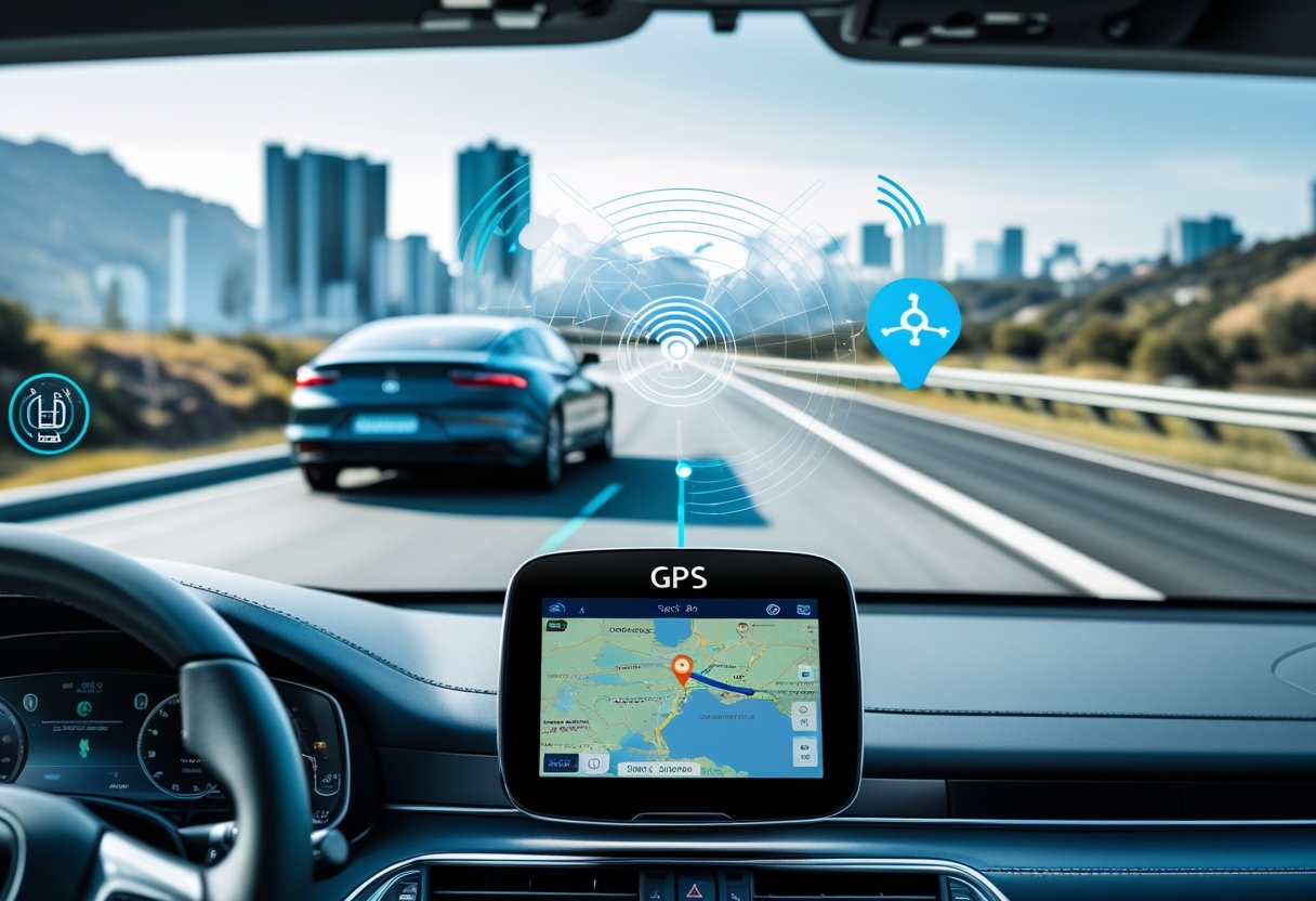 Car dashboard with a GPS tracking device showing a digital map and a car driving on a highway in the background.