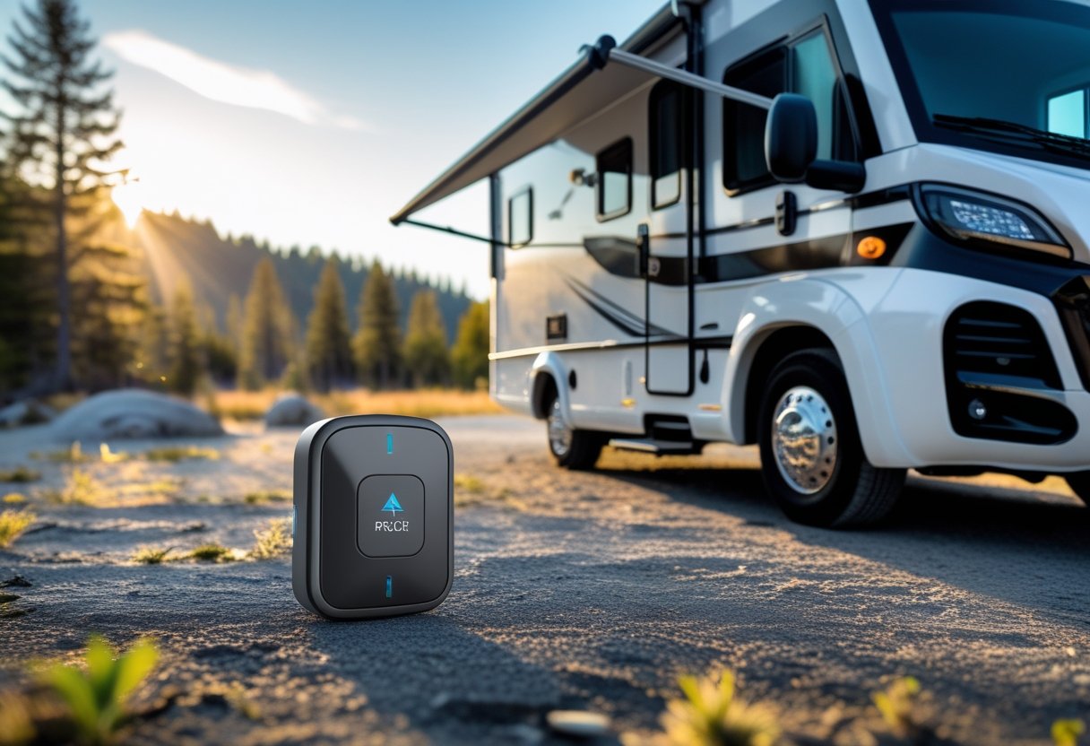 A recreational vehicle parked outdoors with a small GPS tracker device attached to its exterior, surrounded by trees and clear sky.
