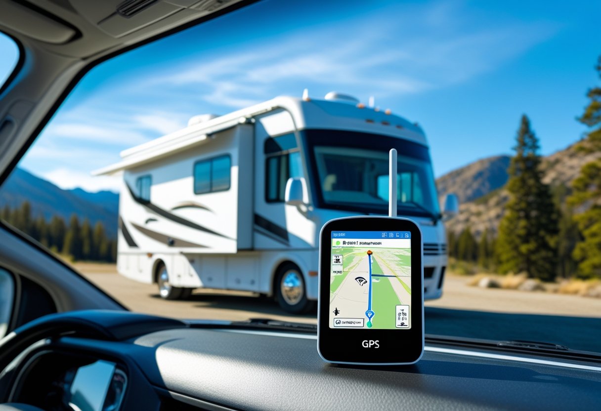 An RV parked outdoors with a GPS tracking device mounted near the windshield showing a map, surrounded by trees and mountains.