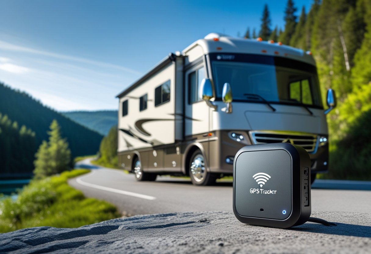 An RV parked outdoors near a lake with a small GPS tracker device mounted on its dashboard.