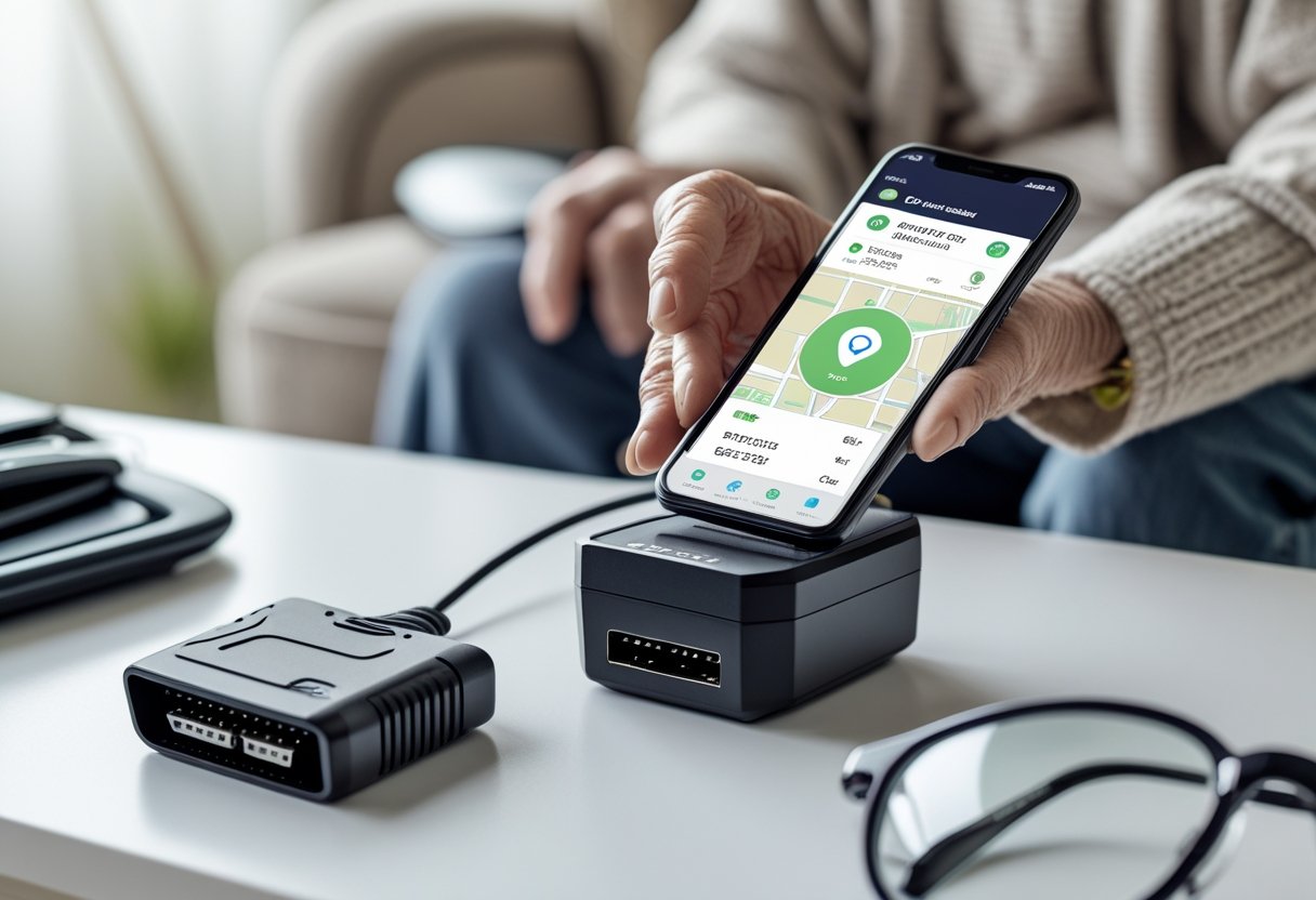 An elderly person holding a smartphone displaying a GPS tracking app, with a GPS tracker and an OBD2 device on a table nearby.
