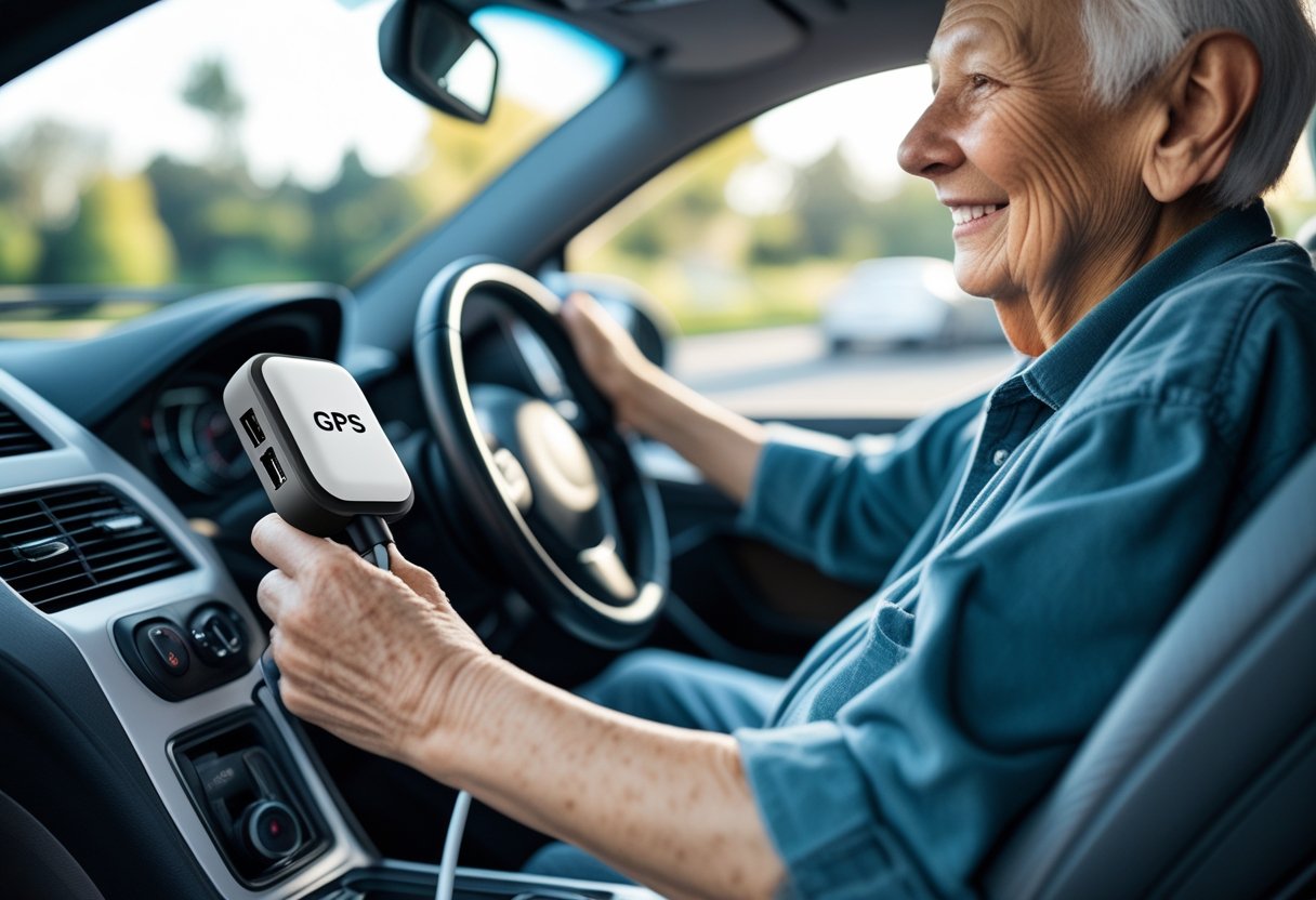 Close-up of a GPS tracker plugged into a car's OBD2 port with an elderly person sitting in the driver's seat.