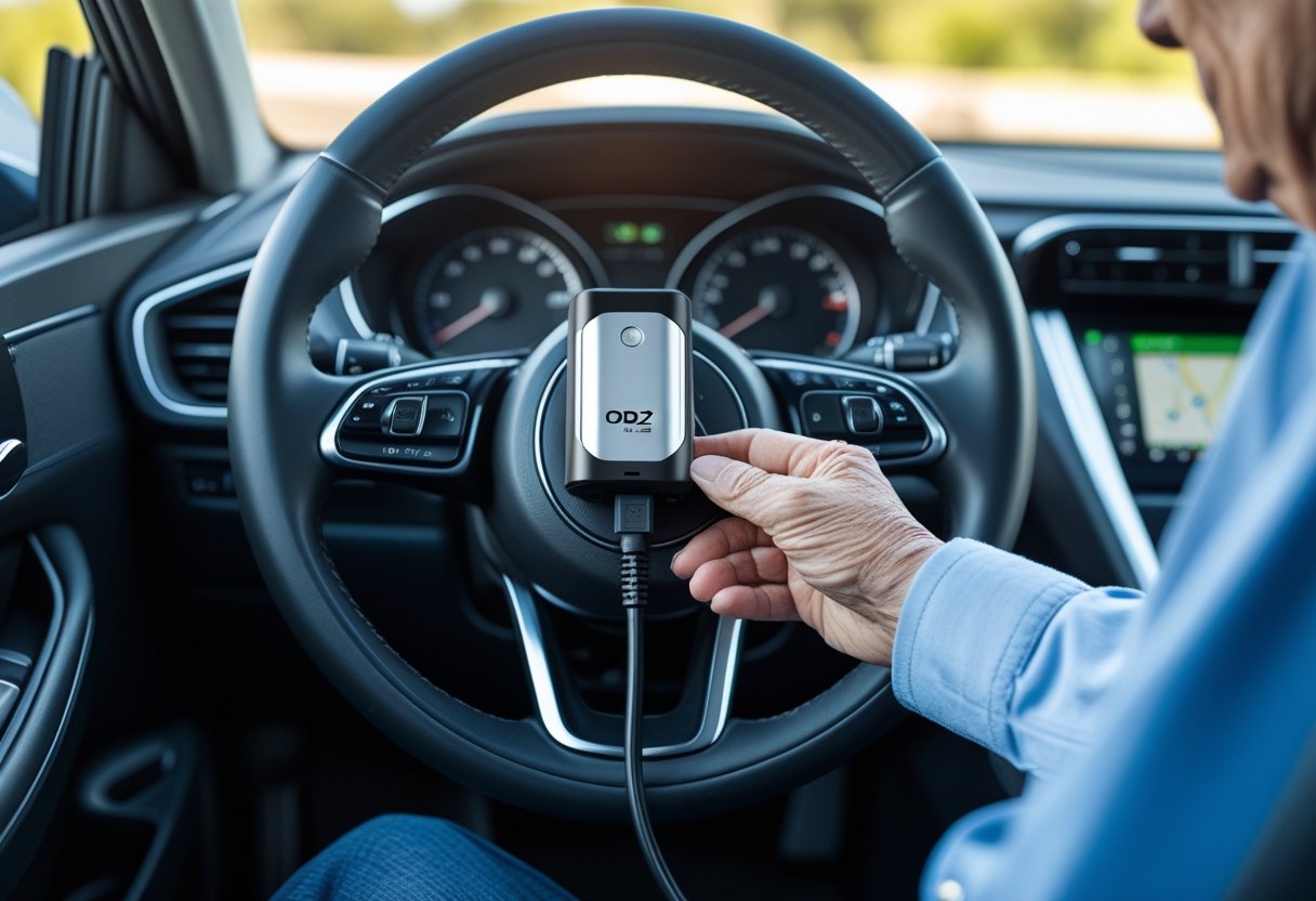 Close-up of a car dashboard showing an OBD2 GPS tracker device plugged in, with an elderly person's hand on the steering wheel.