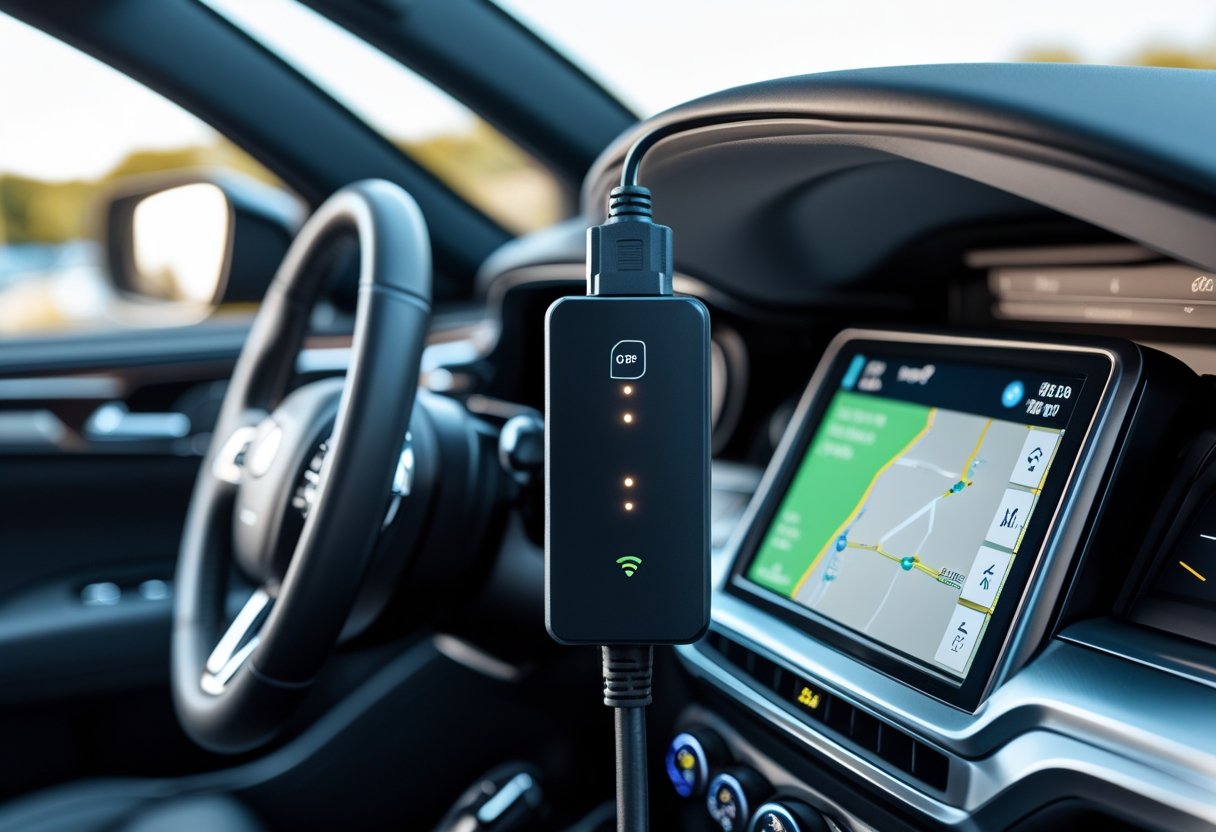 Close-up of a car dashboard with an OBD2 GPS tracker plugged into the port under the steering wheel and a navigation map displayed on the screen.