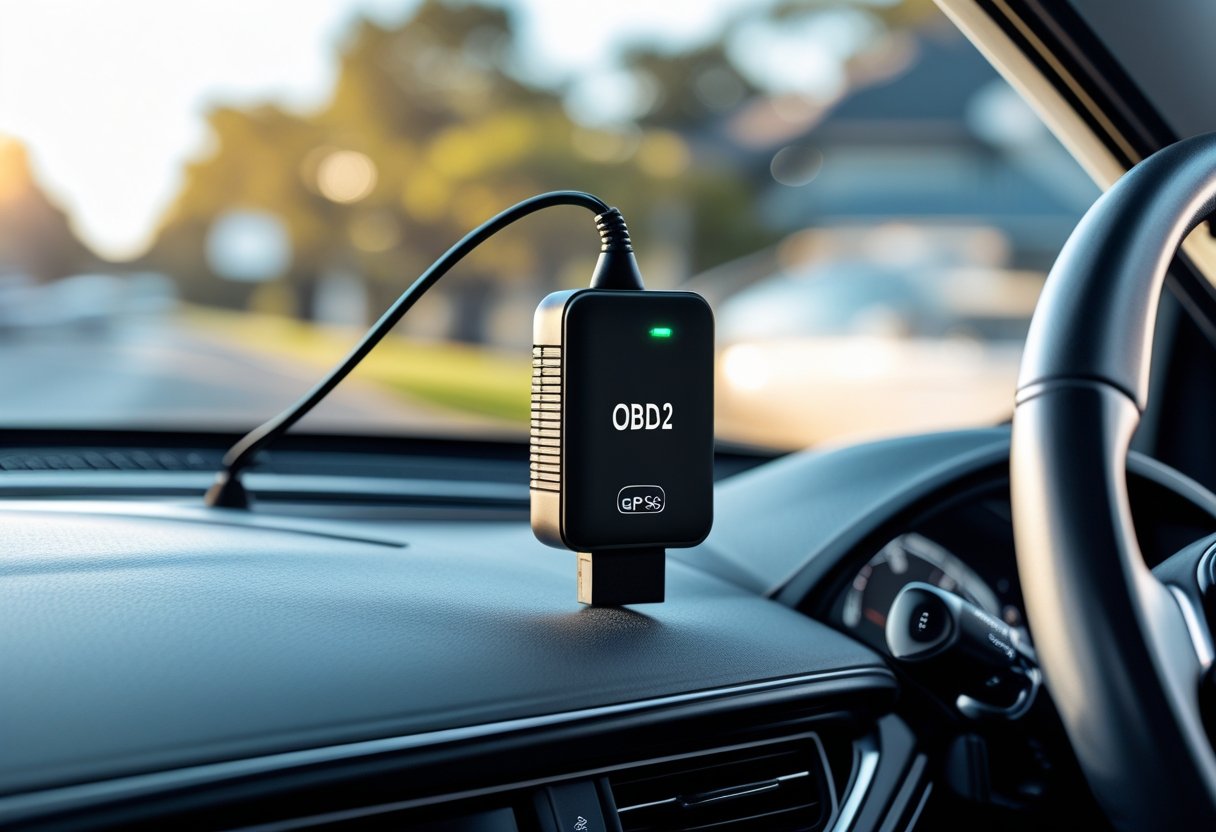 Close-up of a car dashboard with an OBD2 GPS tracker plugged into the port under the steering wheel, with a blurred suburban street visible through the windshield.