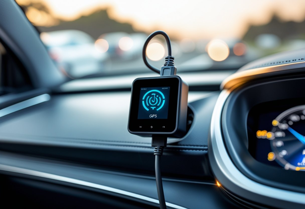 Close-up of a car dashboard showing an OBD2 GPS tracker plugged into the vehicle's diagnostic port with a blurred road visible through the windshield.