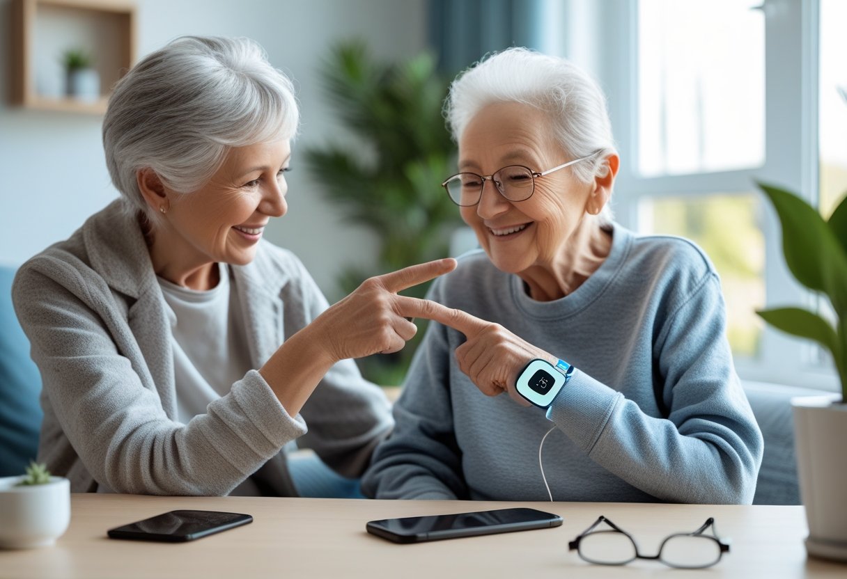 An adult helping an elderly person use a small GPS tracker device in a bright home setting.