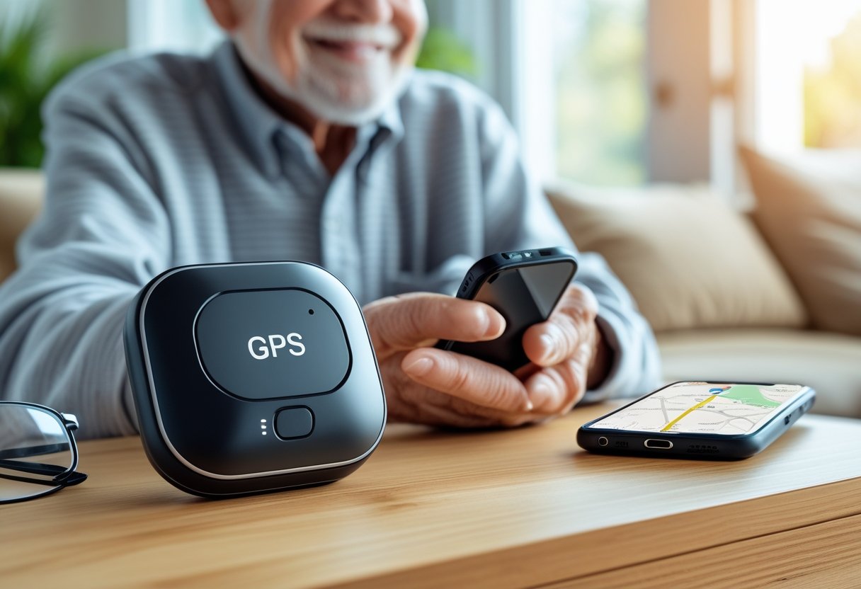 An elderly person holding a small GPS tracker device in a bright living room with a smartphone showing a map nearby.