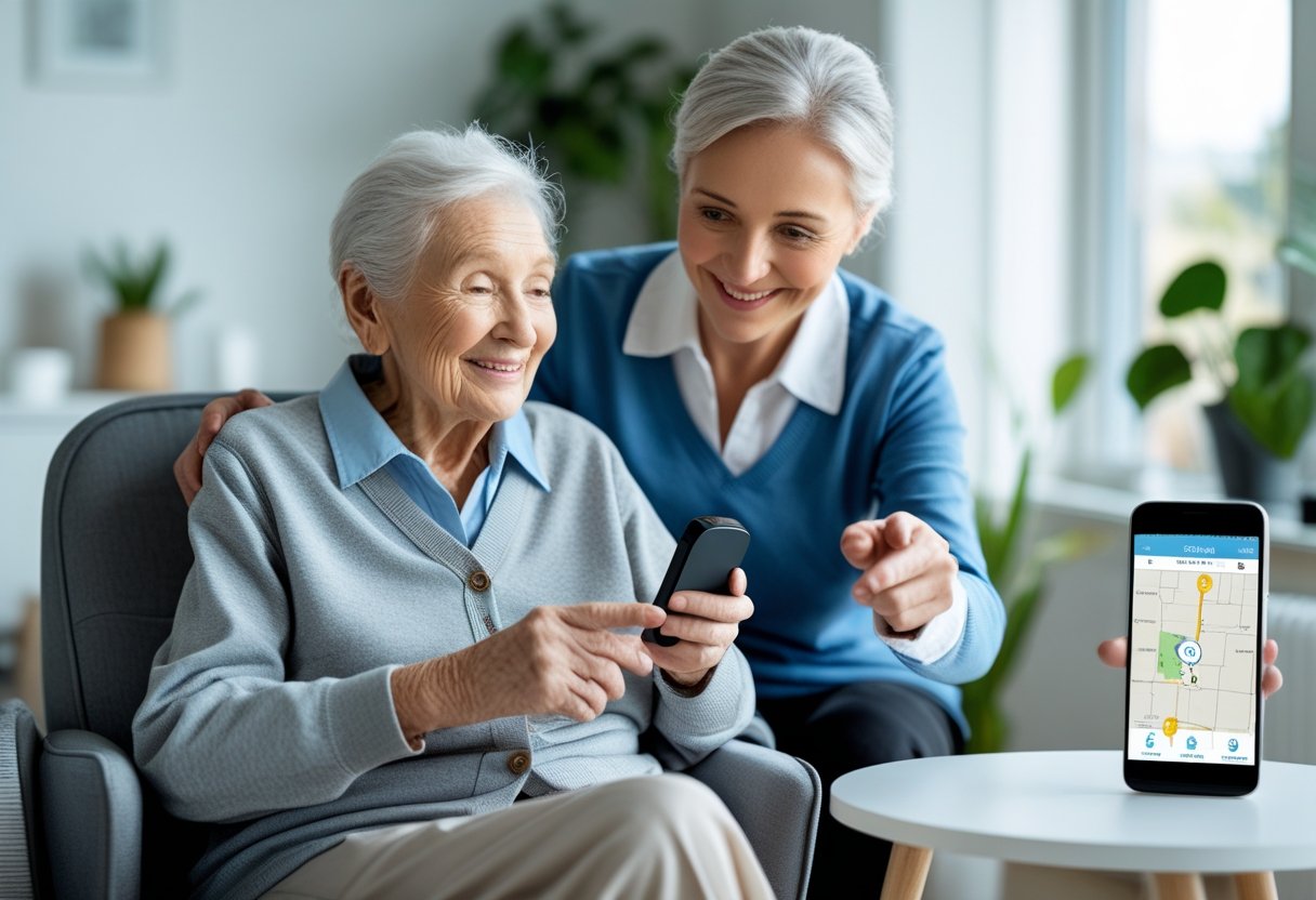 An elderly person and a caregiver using a GPS tracking device together in a bright living room.