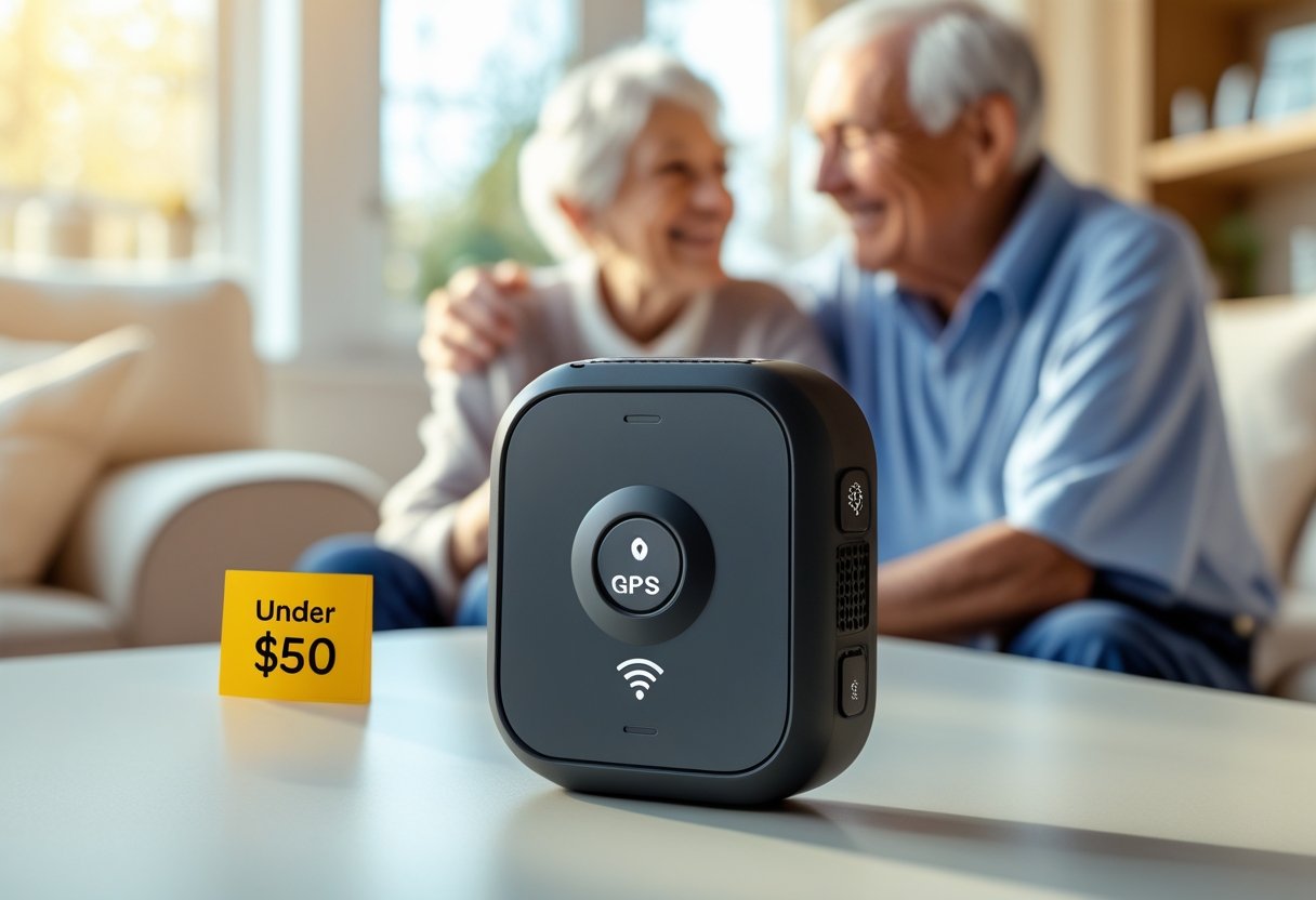 Close-up of a GPS tracker device on a table with an elderly person and a family member smiling together in the background.