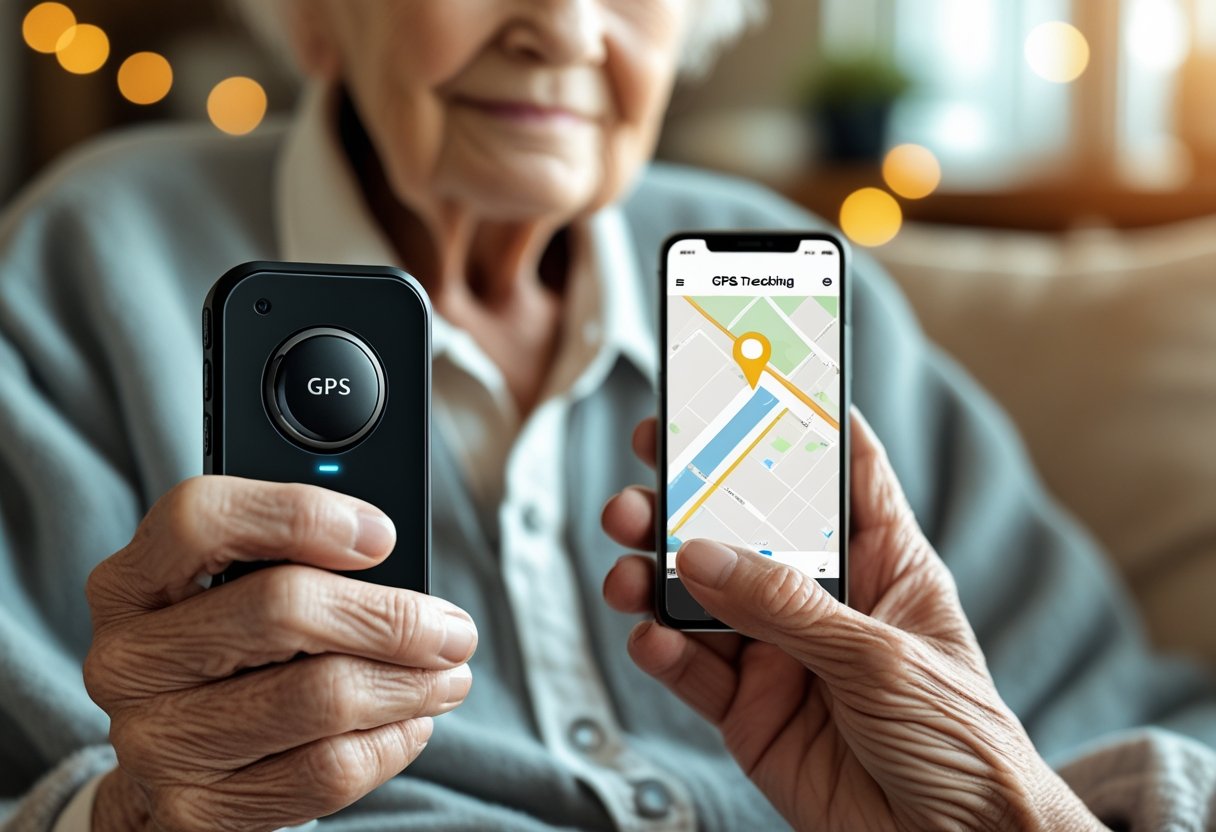 An elderly person holding a small GPS tracking device with a smartphone showing a map in the background.