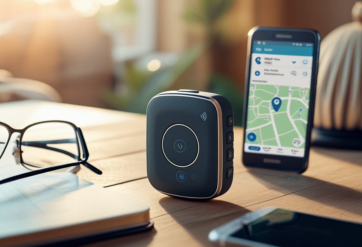 Close-up of a GPS tracker for elderly on a wooden table next to reading glasses and a smartphone showing a location map.