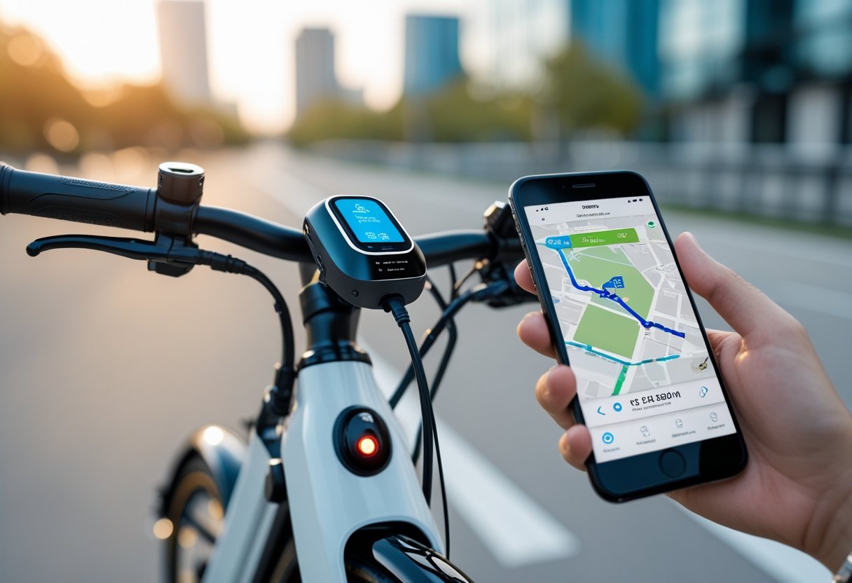 An electric bike outdoors with a GPS tracker attached, and a hand holding a smartphone showing a GPS tracking app.