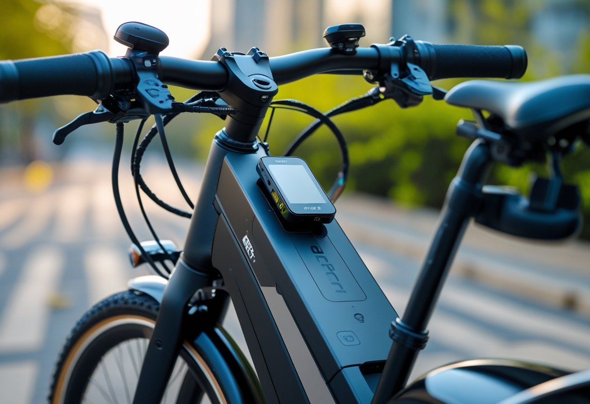 An electric bike parked outdoors with a GPS tracker device attached near its OBD2 port in an urban environment.