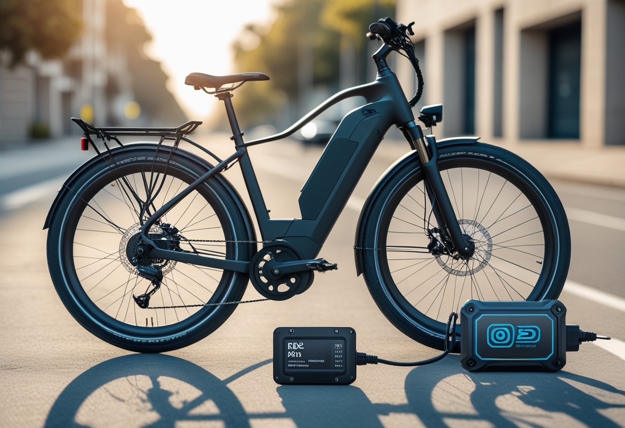 An electric bike parked outdoors with a GPS tracker device attached and an OBD2 diagnostic tool connected nearby.