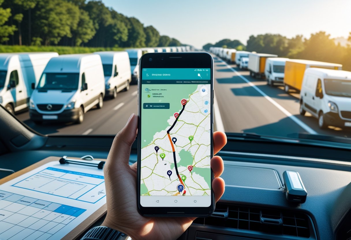 A close-up of an Android smartphone on a vehicle dashboard showing a GPS map with multiple vehicle icons, with a fleet of delivery vans and trucks on a highway in the background.