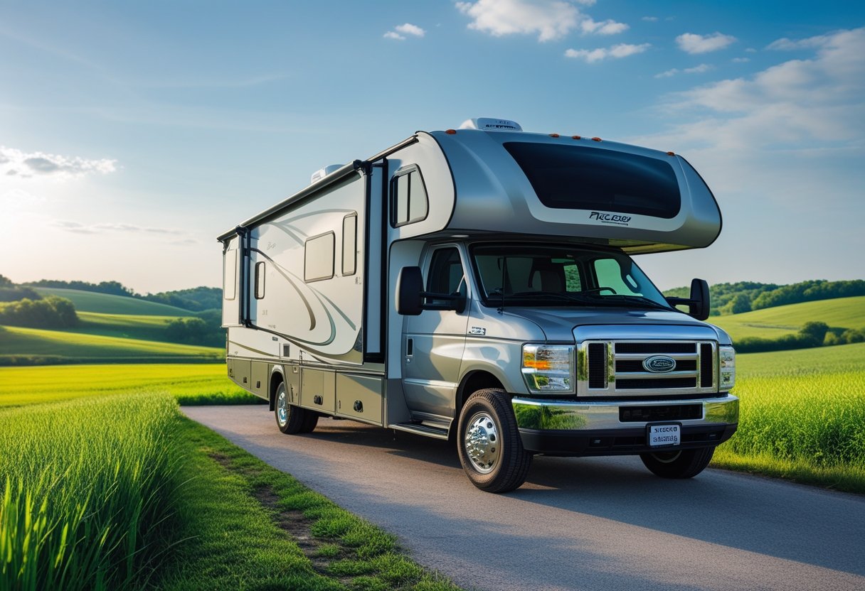 An RV parked in a green countryside with a 4G LTE GPS tracking device mounted inside, surrounded by rolling hills and a blue sky.
